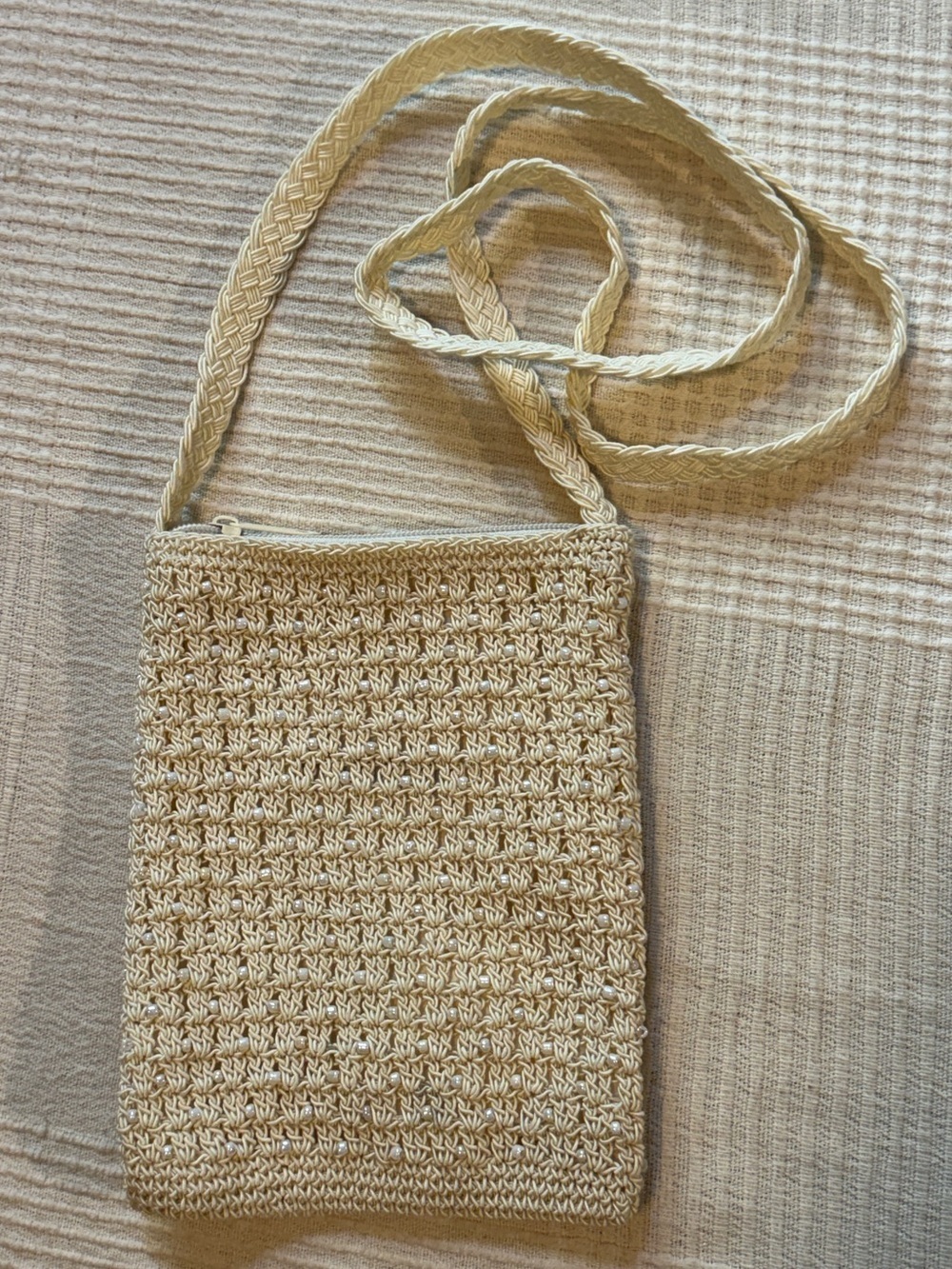 Woven Beaded Cream Amanda Smith Satchel Vintage Crossbody Bag w/ Zipper